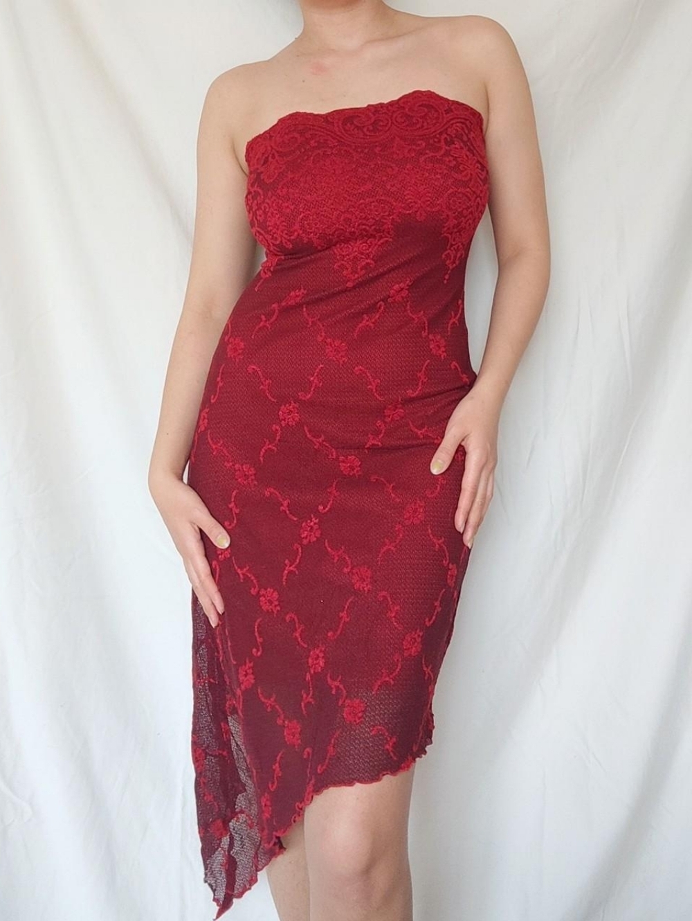 Vintage Red and Black Strapless Assymetrical Dress